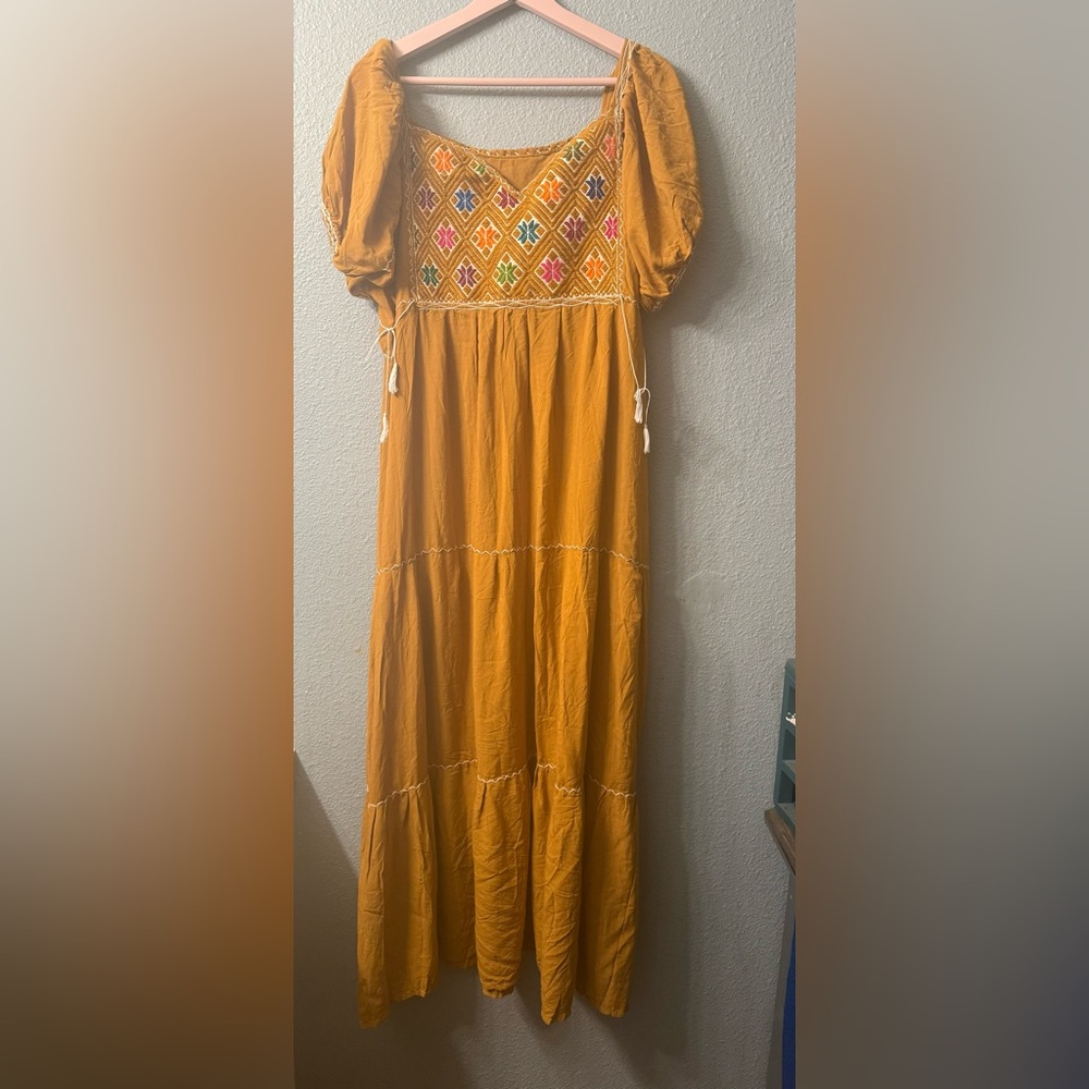 Elegant Ocher Mexican Maxi Dress NWOT
